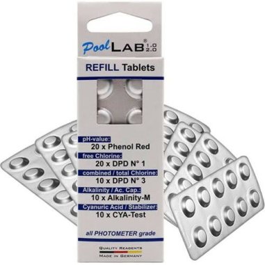 Original refilltabletter DPD1 och Phenol Red för PoolLab fotometer i aluminiumförpackning.