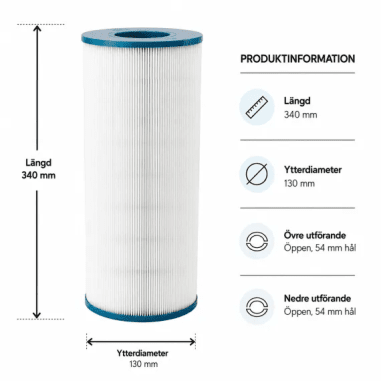 Vitt veckat spafilter med blå ändlock, 340 mm långt och 130 mm i ytterdiameter, med 54 mm öppningar.