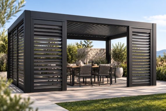Pergola med jalusi för att skydda mot solljus