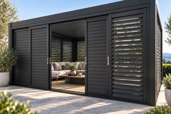 Skjutdörrar i aluminium monterade på pergola