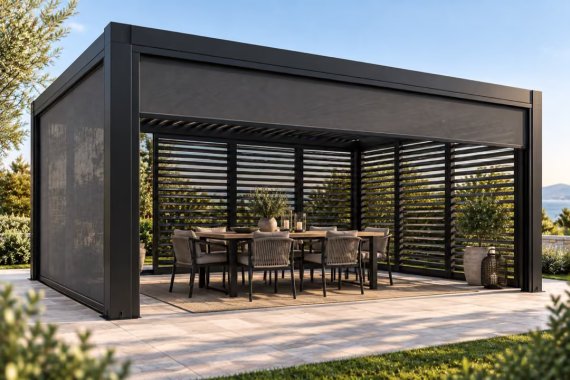 Pergola med justerbar sidomarkis som skyddar mot vind