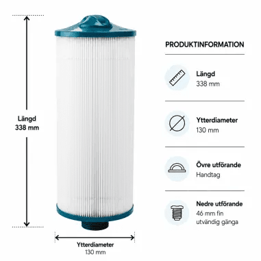 Vitt veckat spafilter med handtag upptill och gänga nedtill, 338 mm långt och 130 mm i ytterdiameter.