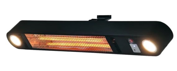Väggmonterad värmelampa för pergola i lackerad aluminium med 2000 W effekt och integrerad belysning i båda ändar.