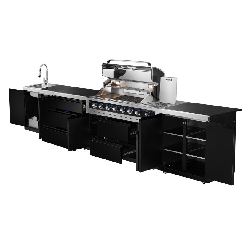 Komplett Utendia utekök med grill, kylskåp och diskbänk med öppna luckor